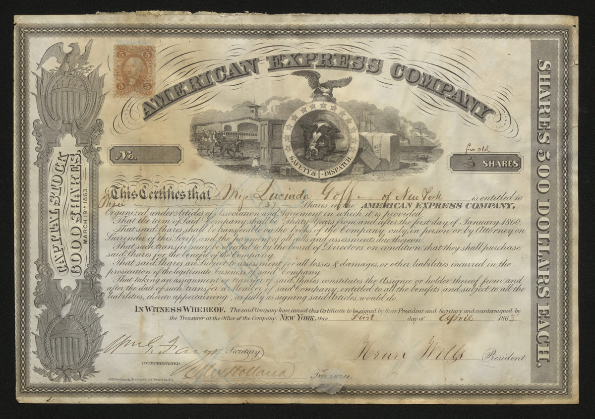 Certificate with black ink shows intricate borders, lettering, signatures, and a vignette with a bulldog, horse-drawn carriage, harbor, and eagle