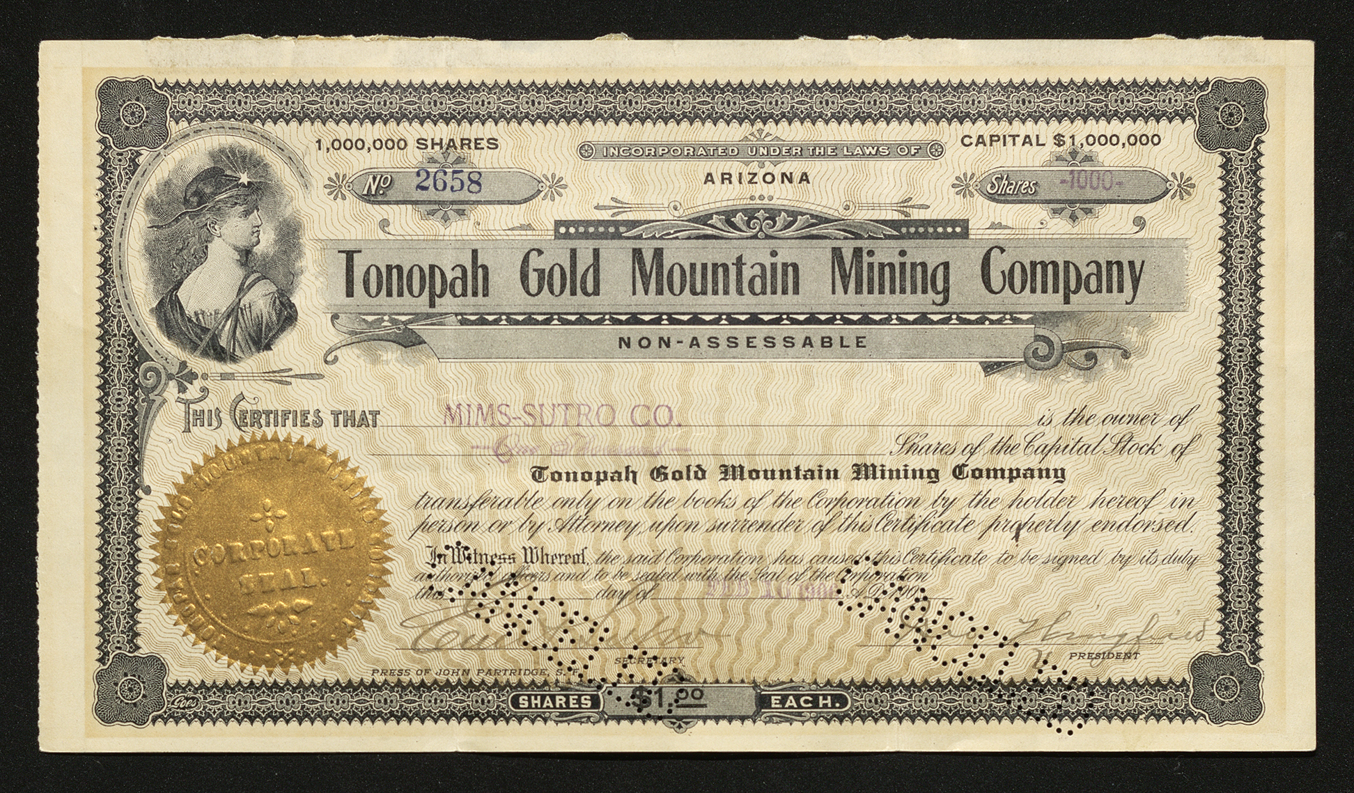 Certificate with black and gold ink shows intricate bordering, lettering, a company seal, signatures, cancel stamps, and a vignette of a woman