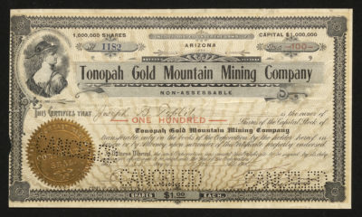 Certificate with black and red ink shows intricate bordering, lettering, signatures, company seal, and vignette of a woman