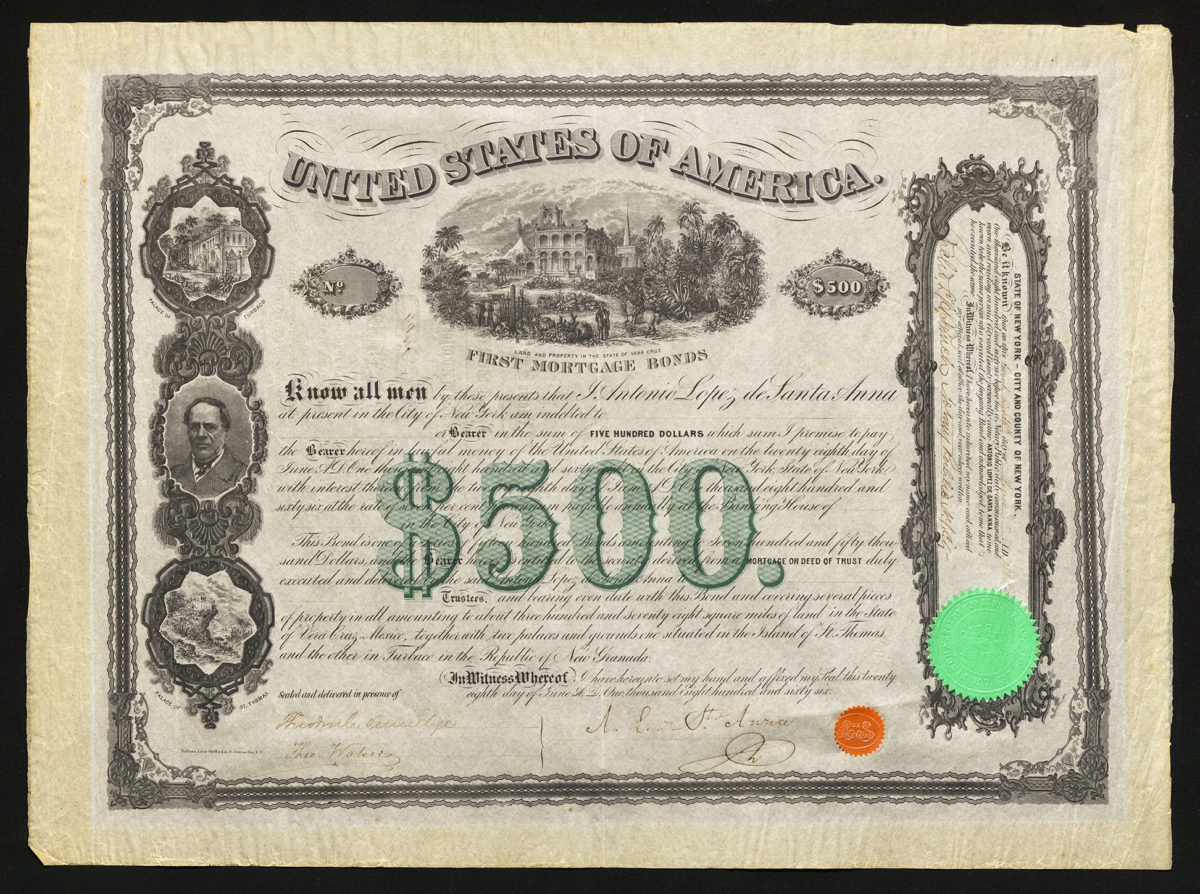 Certificate with black, green, and orange ink shows intricate bordering, lettering, a seal, signatures, and vignettes of a portrait and estates