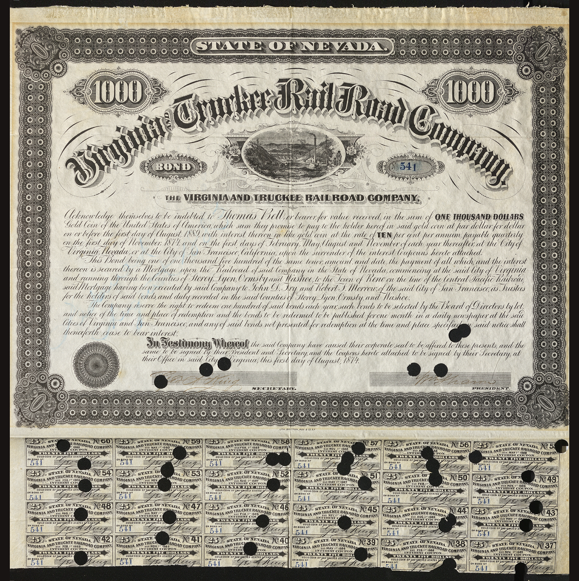 Certificate with black ink shows intricate bordering, lettering, a company seal, signatures, coupons with holes, and train on a bridge vignette