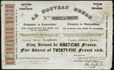 Certificate with black and orange ink shows intricate lettering, a company seal, and signatures written in French