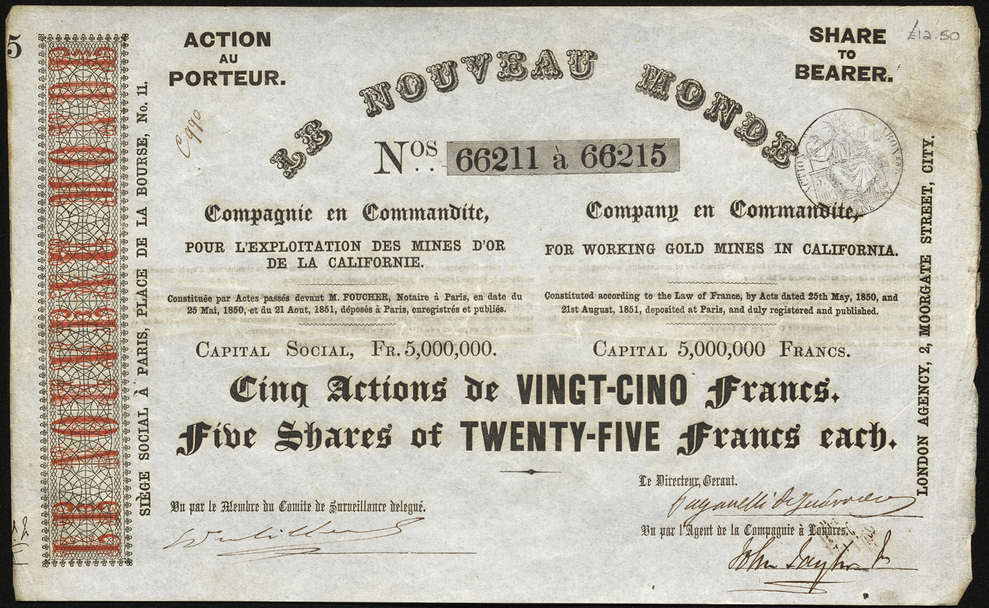 Certificate with black and orange ink shows intricate lettering, a company seal, and signatures written in French