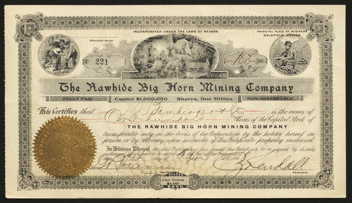 Certificate with black ink shows intricate borders, lettering, signatures, a company seal, and vignettes of miners, mining carts, and gold panning