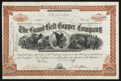 Certificate with black and red ink shows intricate borders, lettering, signatures, and a vignette with an eagle, miners, and a cart