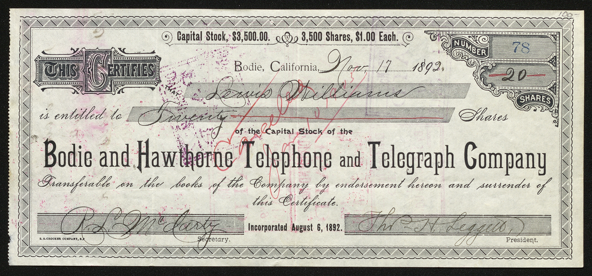 Certificate with blue and black ink shows intricate bordering, lettering, signatures, and “canceled” handwritten in red ink