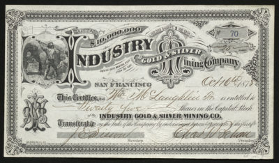 Certificate with black and blue ink shows intricate lettering, signatures, a company seal, and vignettes of a man prodding at a wall