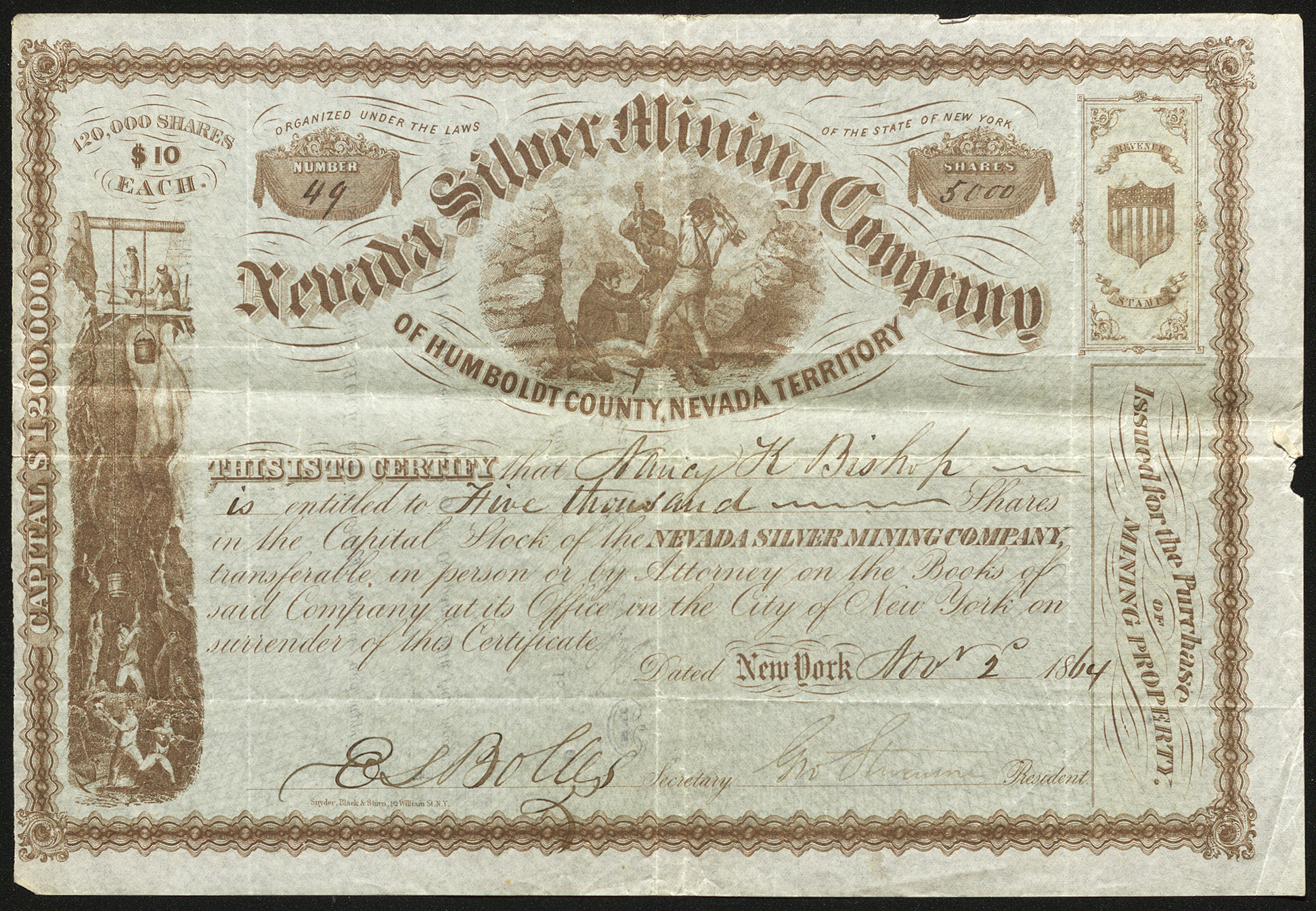 Certificate with brown ink shows intricate borders, lettering, a company seal, signatures, AN IRS stamp, and vignettes of miners and a mine shaft