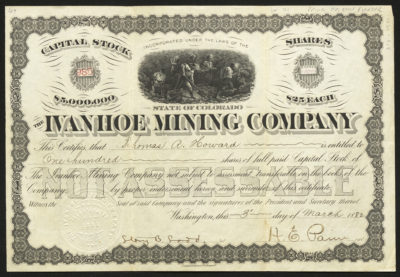 Certificate with black ink shows intricate borders, lettering, signatures, company seals, and vignettes of miners working in a mine