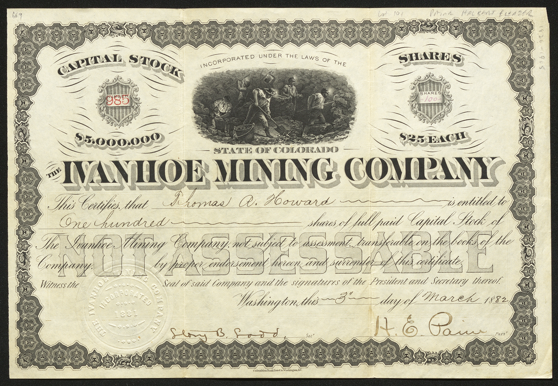 Certificate with black ink shows intricate borders, lettering, signatures, company seals, and vignettes of miners working in a mine