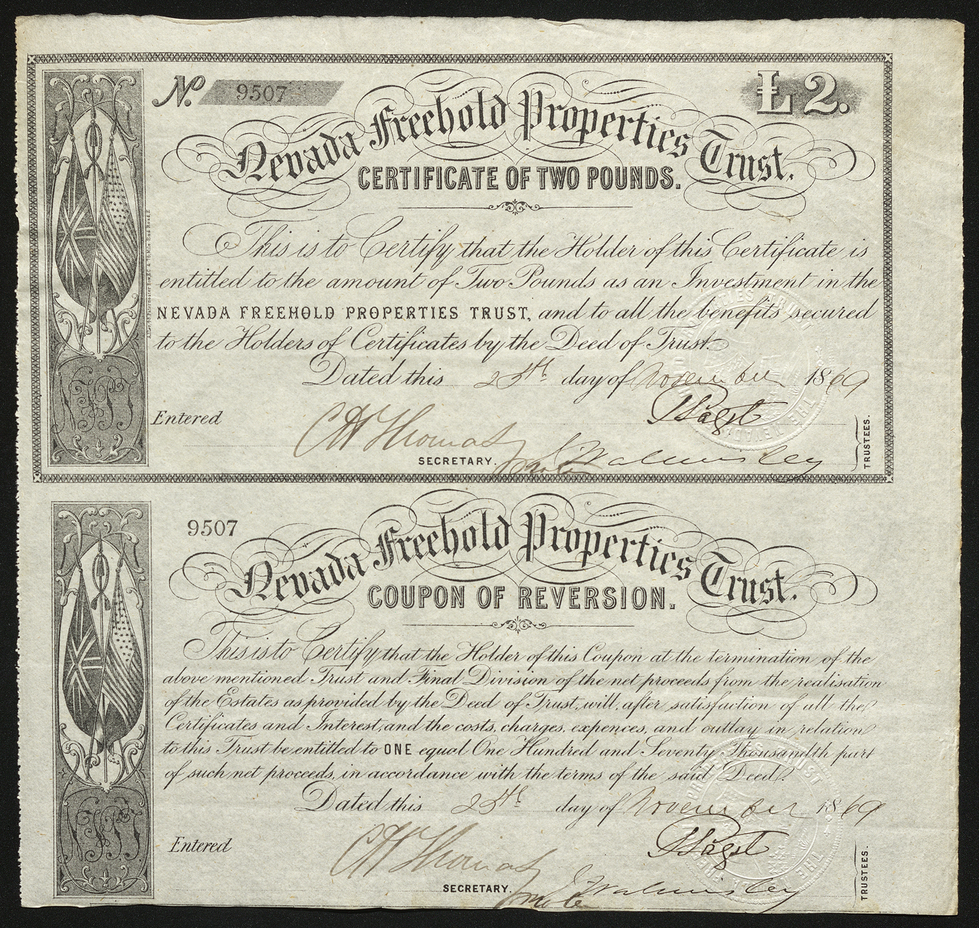 Certificate and attached large coupon with black ink shows intricate lettering, signatures, and vignettes of American and British flags