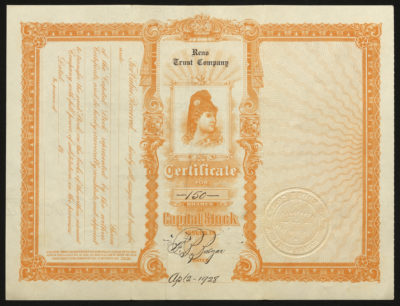 Backside shows three columns showing amounts, trustees, and dates, a vignette of a woman’s profile, and an embossed seal