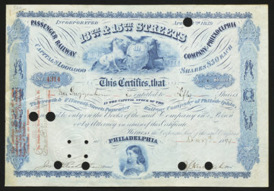 Certificate with blue ink shows intricate borders, lettering, company seal, holes, and signatures and vignettes of a boat, eagle, bridge, and girl