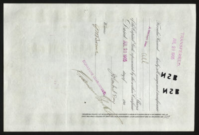 Backside shows legal language with dates, amounts, signatures, punched out letters, and purple date stamps