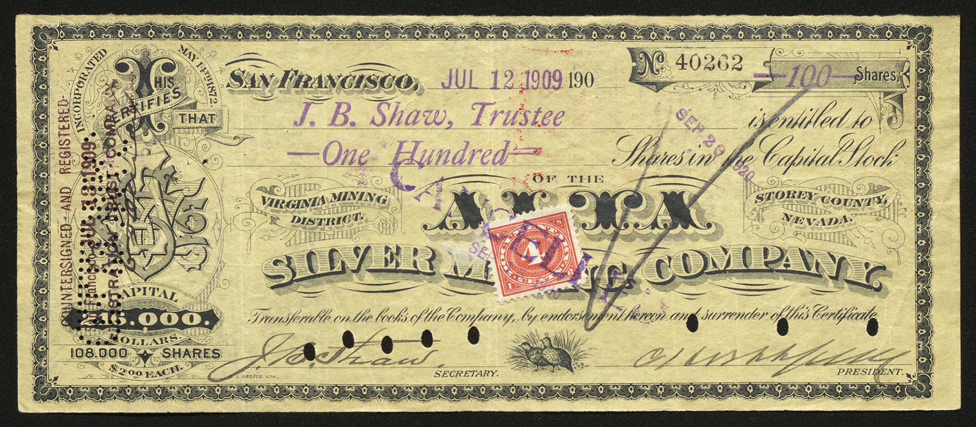 Certificate with black ink shows intricate borders, lettering, a vignette with quail in tall grass, a company insignia, and a red IRS stamp
