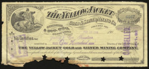 Certificate with black ink shows intricate borders, lettering, vignettes with men, horses, and a river, cancellation stamp & star-shaped cutouts