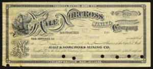 Certificate with black ink shows intricate borders and lettering, vignettes with miners, company insignia, and seven punched out holes
