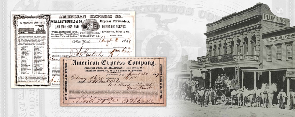 Shipping receipts from the American Express Company and a picture of a western office with a horse-drawn wagon in front