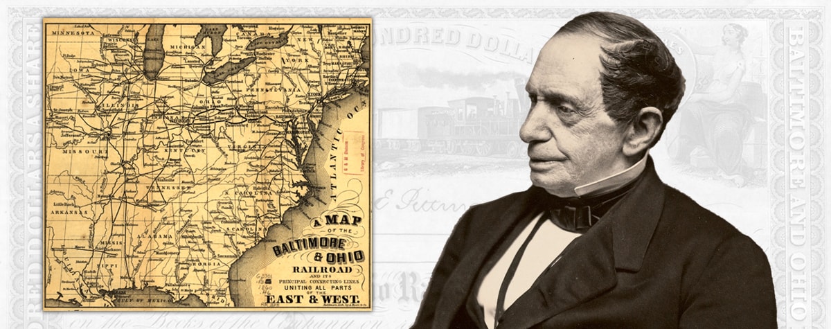 Map of the B&O railroad routes in the eastern US and a portrait of Johns Hopkins