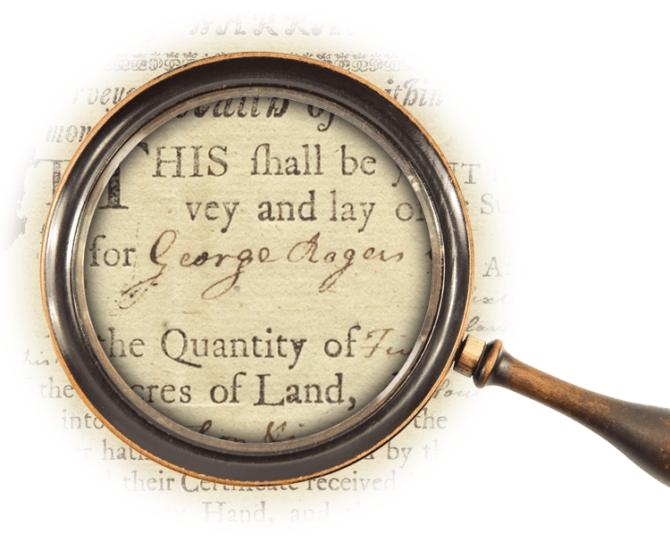 Magnifying glass over the signature of 'George Rogers Clarke'