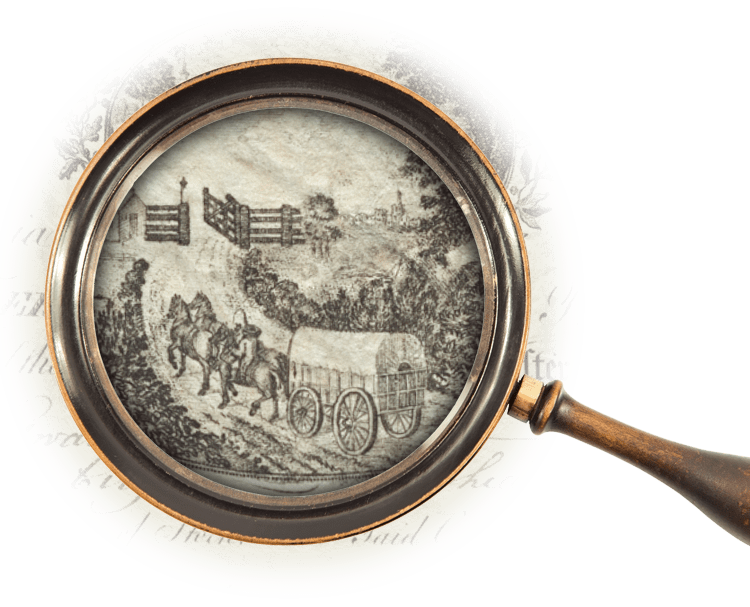 Magnifying glass over illustration of a horse-drawn wagon approaching a toll gate