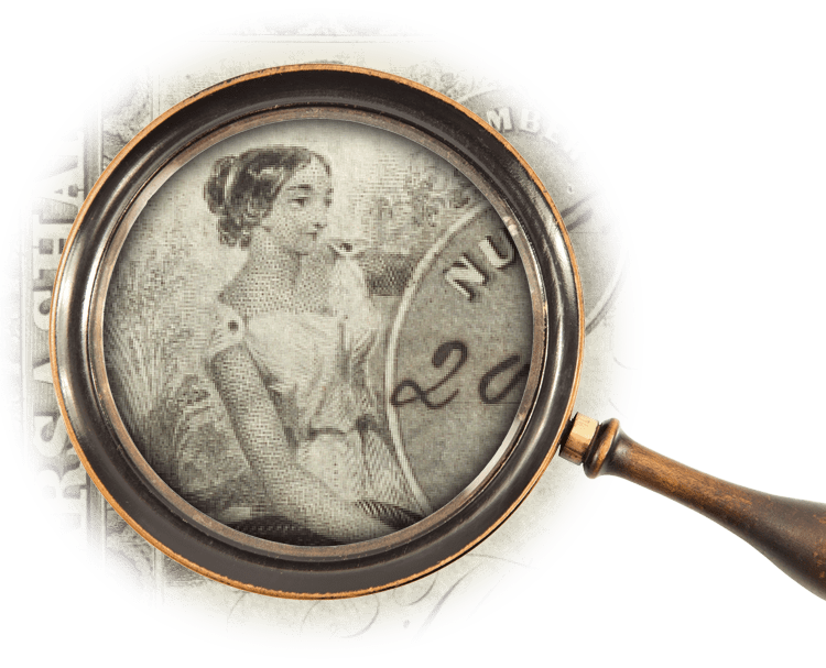 Magnifying glass over illustration of a young woman with a bushel of wheat