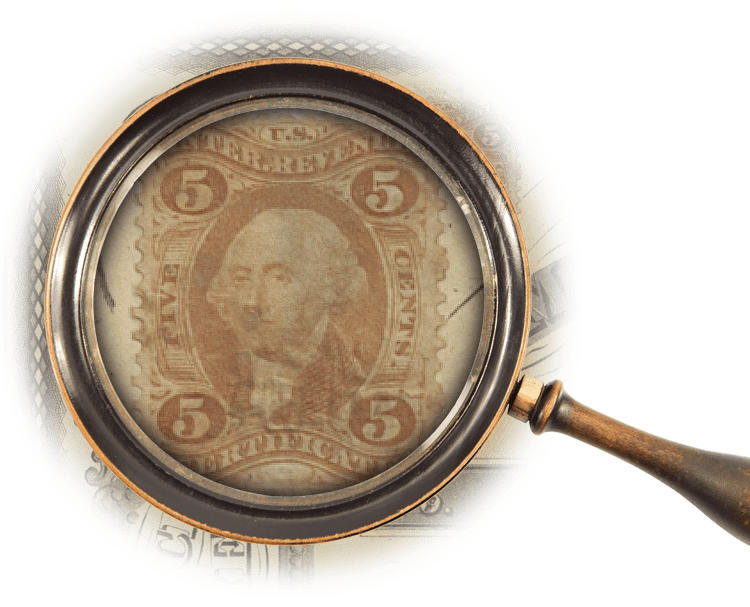 Magnifying glass over 5 cent revenue stamp with a portrait of George Washington