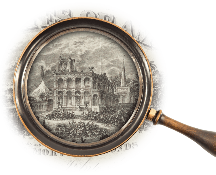 Magnifying glass over illustration of palace surrounded with tropical plants with volcano in background