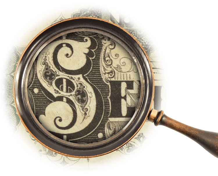 Magnifying glass over the decorative font of an "S" in the bond's title