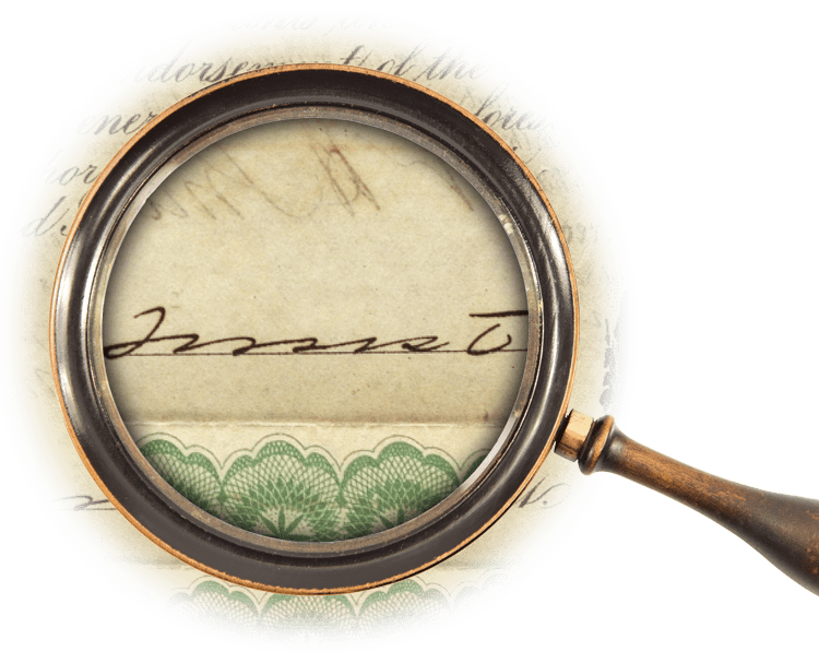 Magnifying glass over signature of Nathan Bedford Forrest