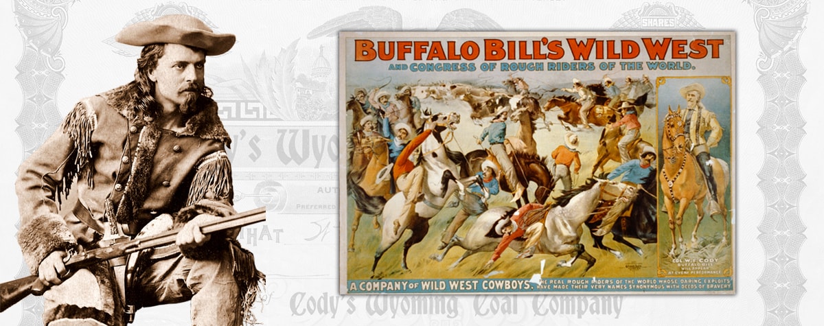 Portrait of Buffalo Bill in western clothes holding a rifle and a poster of cowboys advertising his Wild West show