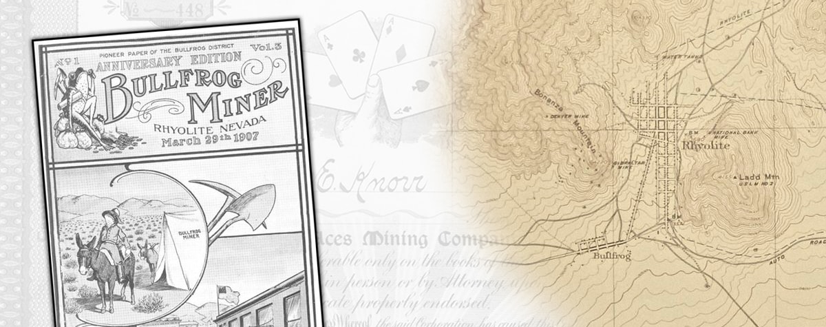 “Bullfrog Miner” magazine cover with cartoons of frogs as miners and a topographic map of the Rhyolite-Bullfrog region