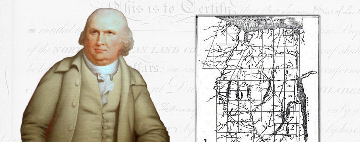 Portrait of Robert Morris and a simple map of the Phelps and Gorham land purchase in New York State