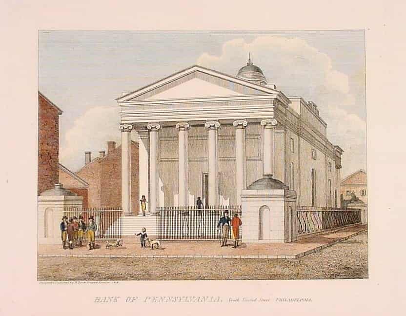 A drawn photo of the Bank of Pennsylvania, a white building resembling Greek architecture with several people in front.