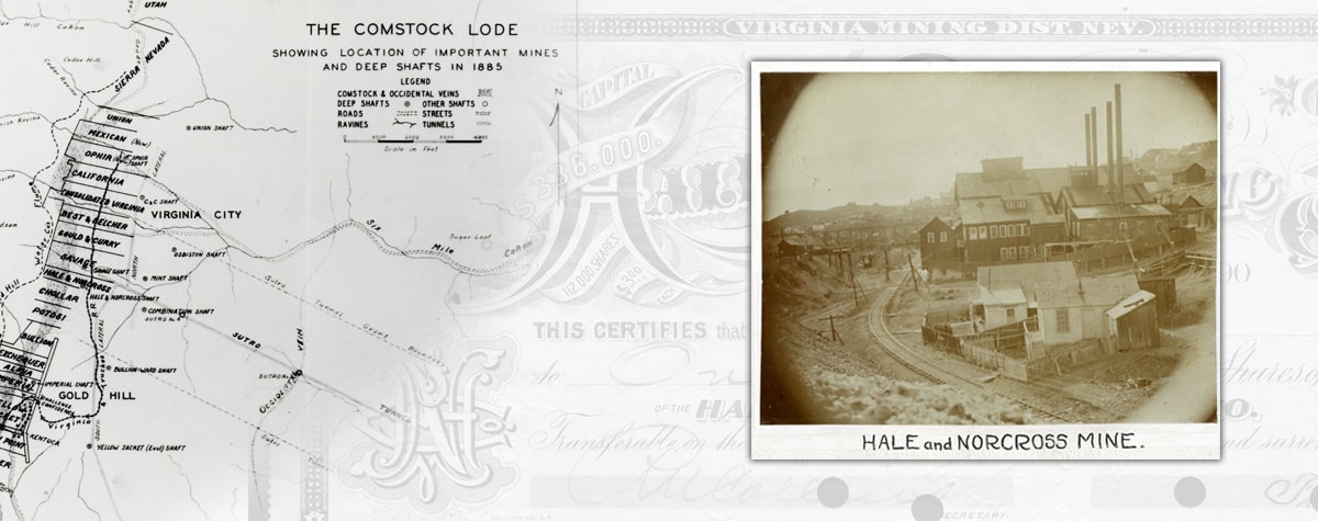 Map of mining claims along the Comstock Lode and a photograph of the Hale and Norcross mine buildings