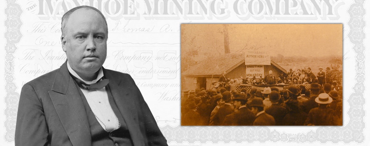 Portrait of Robert Ingersoll and a photograph of Ingersoll on a platform giving a speech to a crowd