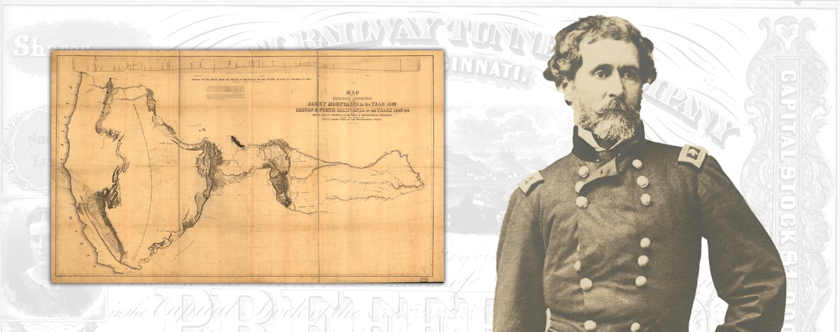 Map of the western US created from Frémont’s explorations and a portrait of Frémont in a military coat