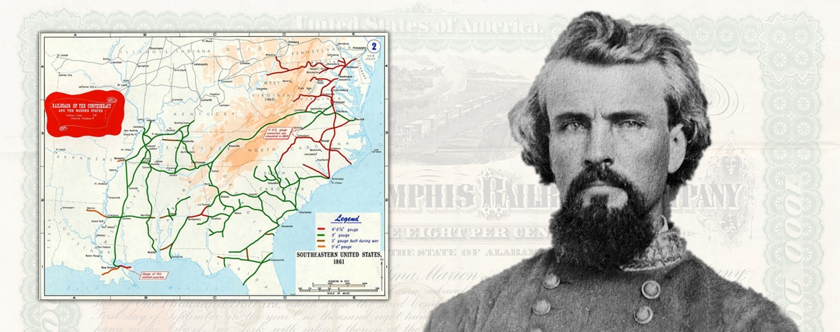 Map of railroad routes in the southeastern US and a portrait of Nathan Bedford Forrest