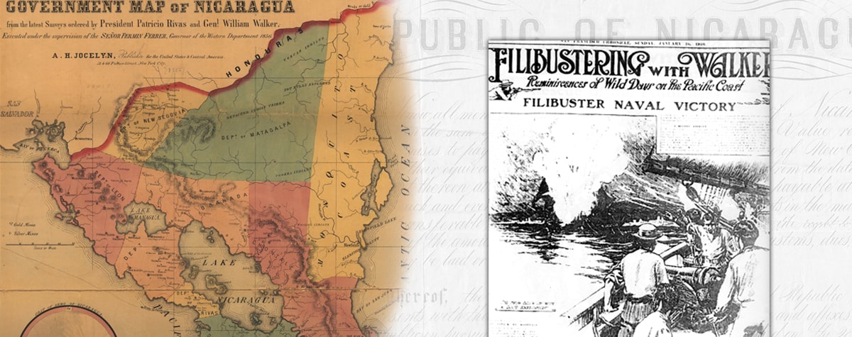 Map of regions of Nicaragua and magazine cartoon “filibustering with Walker” showing men shooting a cannon at a ship