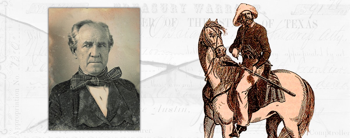 Portrait of Sam Houston and an illustration of a Texas Ranger on horseback with a rifle