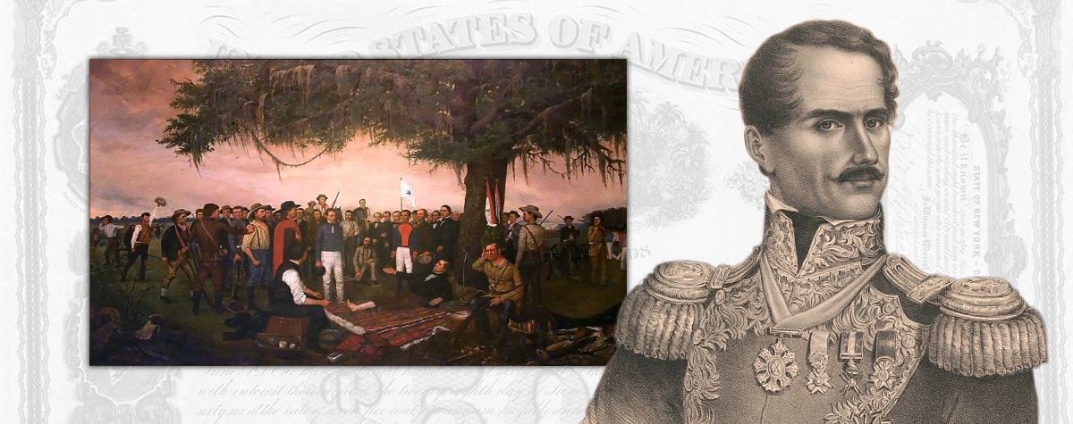 Painting of the scene of Santa Anna’s surrender to a wounded Sam Houston, and a portrait of Santa Anna in military dress