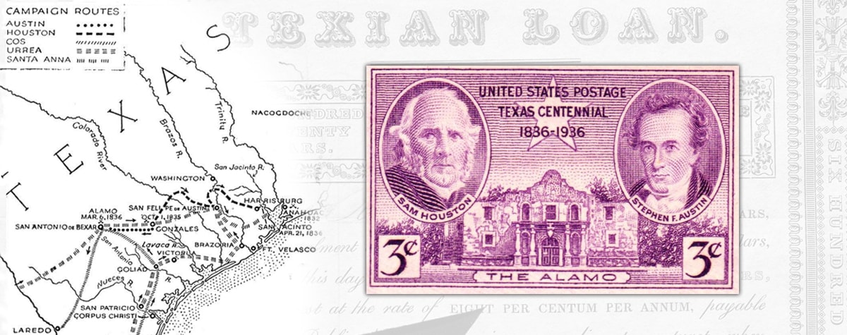 Map of military campaign routes from the Texas Revolt & a postage stamp depicting Sam Houston, Stephen Austin, and the Alamo