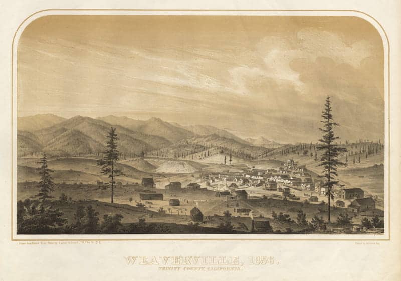 A tan and black lithographic print, landscape view of the town of Weaverville in 1856 showing buildings, hills, and trees.