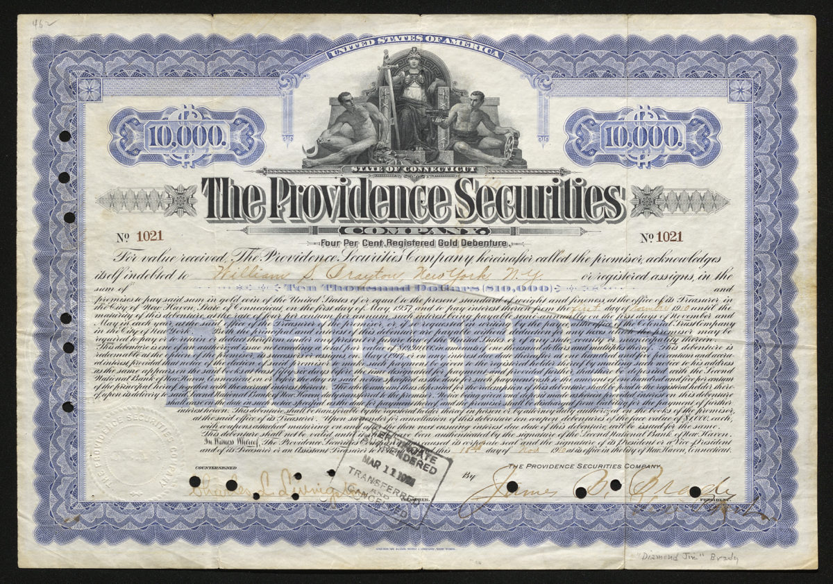 Certificate with blue and black ink shows intricate bordering, lettering, seals, signatures, and vignettes of a Roman god and men