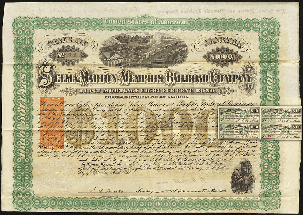 Stock certificate for the railroad company with inset of the coupons attached to the bottom