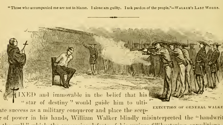 Black and white illustration of a firing squad firing on Walker, seated and blindfolded while a priest observes.